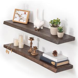 Floating Shelves for Wall, 36"x9.3" Rustic Solid Live-Edge Elm Wood Wall Shelves, Heavy-Duty Floating Shelves with Invisible Brackets, Set of 2 for Living Room, Bedroom, and Kitchen, Walnut Finish