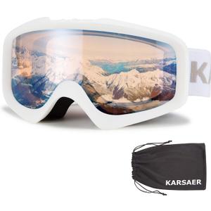 Karsaer Ski Goggles Anti-Fog Snow Goggles OTG 100% UV Protection Snowboard Goggles Bendable Dual-Lenses for Men Women Youth (Matte White Frame Orange Lens Vlt 60%)