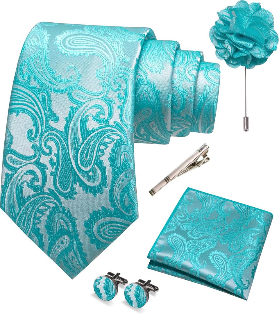 JEMYGINS Mens Paisley Tie and Pocket Square,Lapel Pin,Cufflinks,Tie Clip Sets with Gift Box 5PCS (Turquoise) JEMYGINS Mens Paisley Tie and Pocket Square,Lapel Pin,Cufflinks,Tie Clip Sets with Gift Box 5PCS (Turquoise)