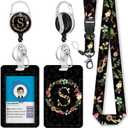 Personalized ID Badge Holder with Lanyard, Flower Retractable Badge Reel with Carabiner Clip, Breakaway Lanyard for Keys, Initial Black Work ID Name Card Holder for Teacher Women Gifts (Letter S) (Floral Print-s)