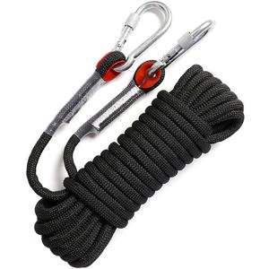 GINEE 10mm Rock Climbing Ropes 35FT Static Outdoor Safety Rope with Carabiner Arborist Tree Climb Rescue Grappling Lifeline Escape Descender Abseiling Rope Magnet Fishing Rope Black