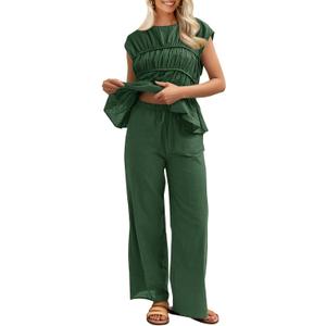 Tankaneo Womens 2 Piece Sets Summer Linen Babydoll Peplum Pleated Tank Top Pants Set Cotton Travel Vacation Outfits (Green)