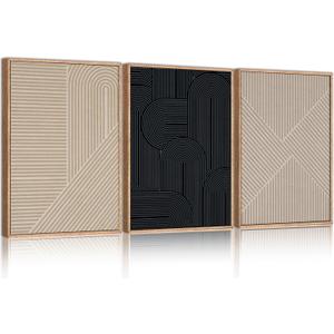 LHIUEM Large Neutral Minimalist Line Framed Canvas Wall Art Set,Boho Black and Beige Wall Decor,Abstract Geometric Modern Art Painting Painting for Living Room,Bedroom,Dining Room,Office -16"x24"x3