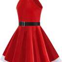 Christmas Girl Costume Red Velvet Sleeveless Dress Family Gathering Party Dress with Hooded Belt (Red)