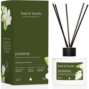 Soul & Scents Reed Diffuser Set Jasmine | 7.43 oz Refillable Scented Oil with 6 Fiber Sticks | Long-Lasting Home Fragrance & Air Freshener for Bedroom, Bathroom, Office | Gift & Dcor Piece