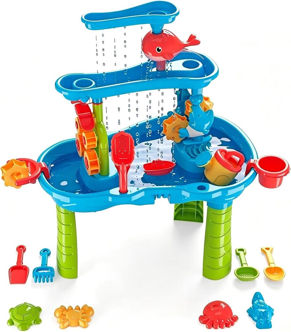 eaacaa Water Table for Toddlers Ages 3-8, 3-Tier Water and Sand Play Table with Accessories for Outdoor Play, Backyard and Beach Activities, Ideal Gift for Boys and Girls