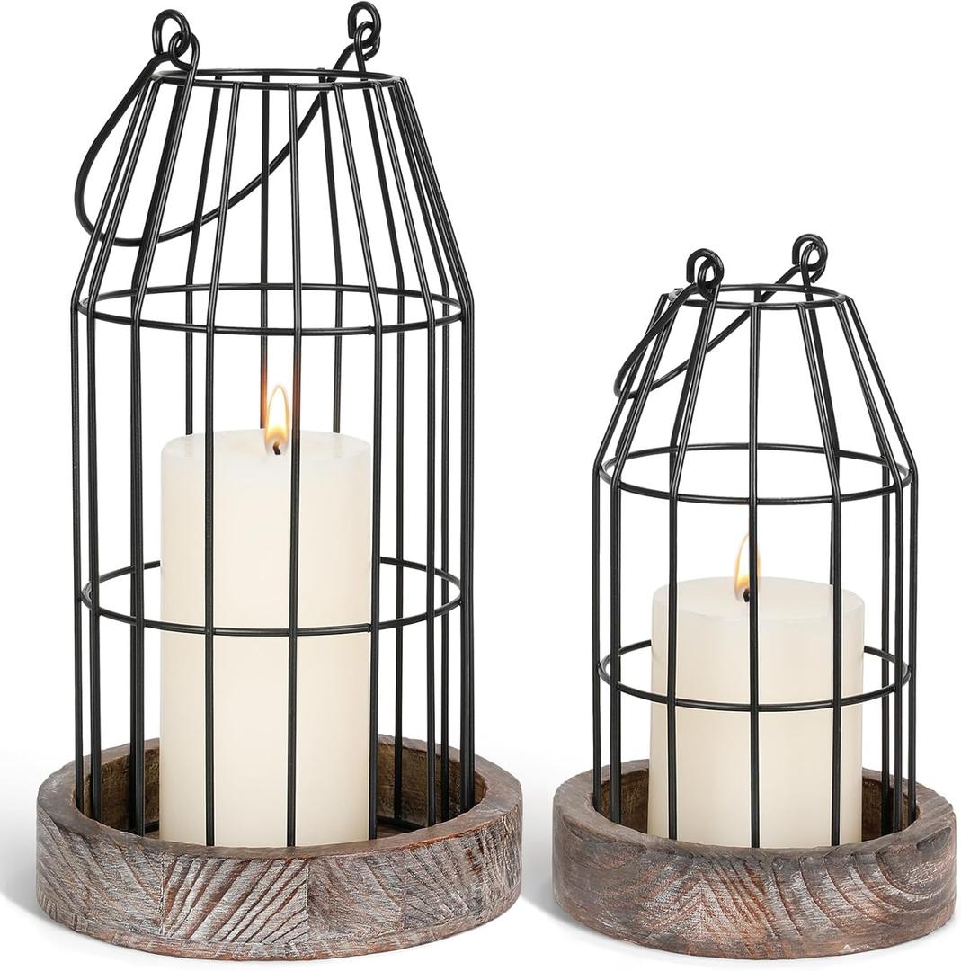Rustic Wire Metal Cloche Set of 2 Candle Lantern Decorative Indoor Outdoor Vintage Cage Candle Holders Modern Farmhouse Decor for Fireplace Mantle Entryway Living Room Kitchen Coffee Table Centerpiece (Black/Brown)