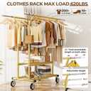 HYSEYY Heavy Duty Clothes Rack, Rolling Clothing Racks With Shelves Load 620 LBS, Double Rod Clothing Racks for Hanging Clothes, Portable& Adjustable Clothes Rack with Wheels Garment Rack,Gold