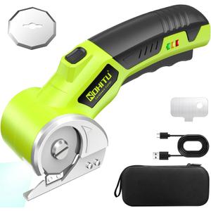 Cordless Electric Scissors: 4V Rechargeable Rotary Cardboard Cutter, 3000mAh Battery, with LED Light & Safety Lock, 2 Blades, Electric Box Cutter for Fabric Carpet Carton Plastic Cloth (Green)
