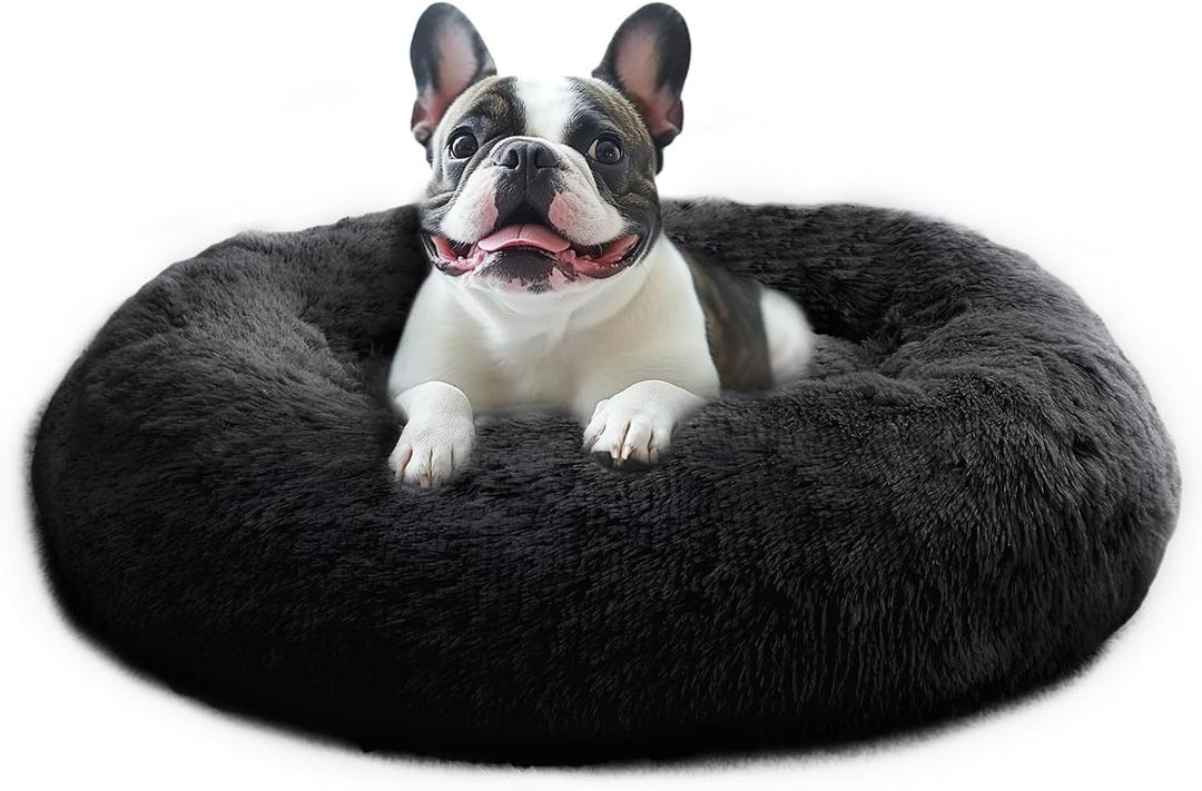 JOLLYVOGUE Calming Dog Beds Large Sized Dog, 36in Donut Washable Large Pet Bed, Anti-Slip & Anti-Anxiety Fluffy Faux Fur Round Dogs Bed, Fits up to 80 lbs Pets (Black)
