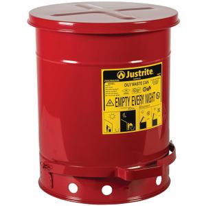 Justrite 10 Gallon Galvanized Steel Oily Waste Can, 18" x 14" Metal Oil Rag Safety Can With Foot Operated Self-Closing Lid for Oil Rag Disposal, Made in the USA, Red, 09300