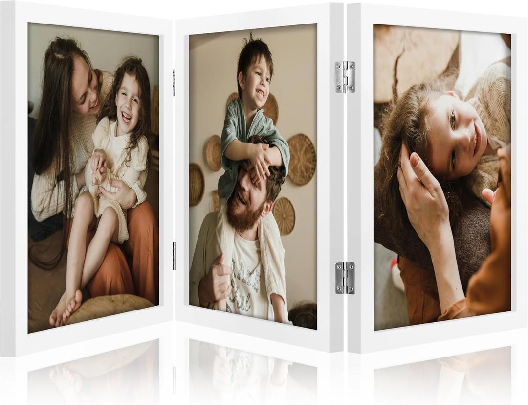 decorUhome Triple 8x10 Picture Frame Vertical, Engineered Wood Trifold Photo Frame with Plexiglass for Tabletop Display, 8x10, White
