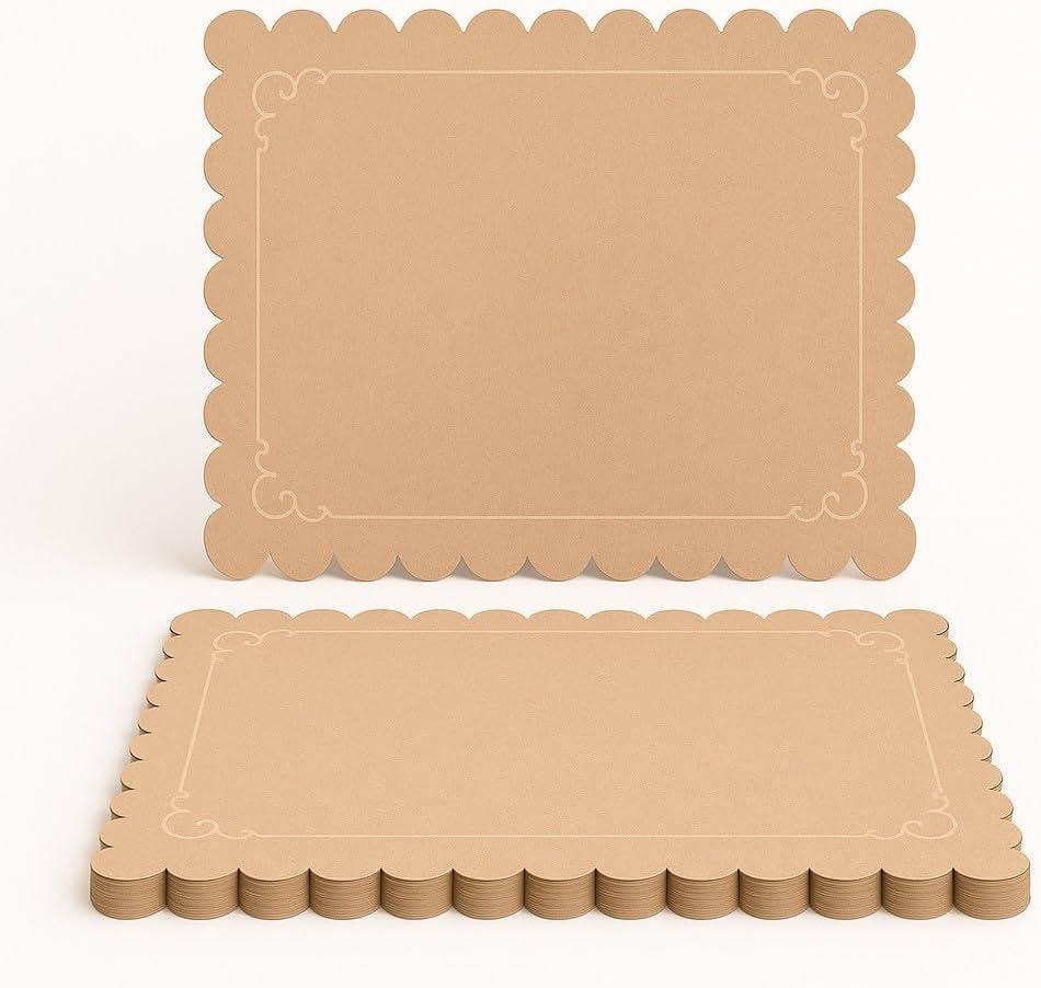 Ur- Way Kraft Paper Placemats 100 Pack: 10 x 14 inch Light Brown Scalloped Edged Disposable Kraft Paper Place Mats for Dining - Perfect for Rustic Farmhouse, Wedding, or Holiday Table Decor