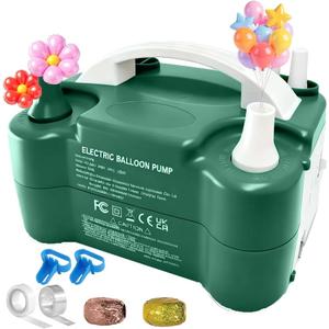 Electric Balloon Pump for Party Decorations Portable Inflator, Auto Shutoff, Balloon Air Pump Dual Nozzle 110V 600W, Green