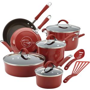 Rachael Ray Cucina Nonstick Cookware Pots and Pans Set, 12 Piece, Cranberry Red