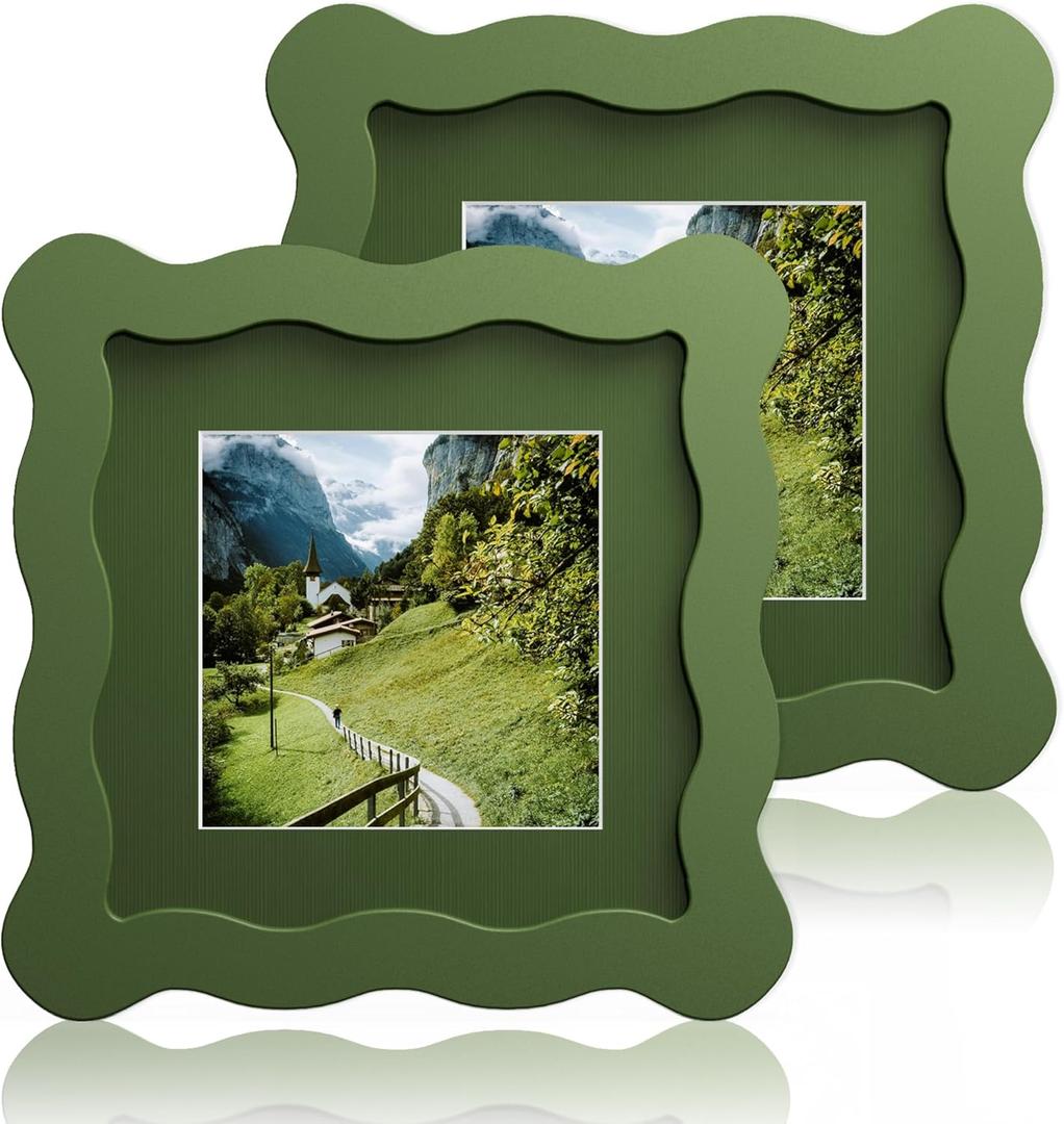 4x4 Wavy Picture Frame With Mat For 3x3, Wavy Edge Wooden Picture Frame with Real Glass - Wall Mount and Tabletop Display, Green, 2 Pack