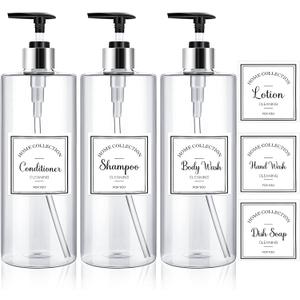 Marsui 3 Pcs Clear Soap Dispenser Set 25 oz Plastic Pump Bottles Dispenser with 6 Label Sticker Kitchen Bathroom Refillable Liquid Dispensers for Lotion Body Wash Hand Dish Soap(Black and Silver)
