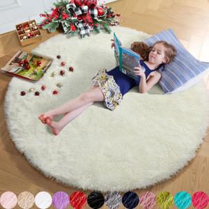 Amdrebio Ivory White Round Rug 4Ft for Kids Bedroom Aesthetic, Washable Fluffy Fuzzy Circle Area Rugs for Living Room, Circular Plush Soft Shaggy Cream Carpet for Baby Nursery Dorm Teen Girls Boys
