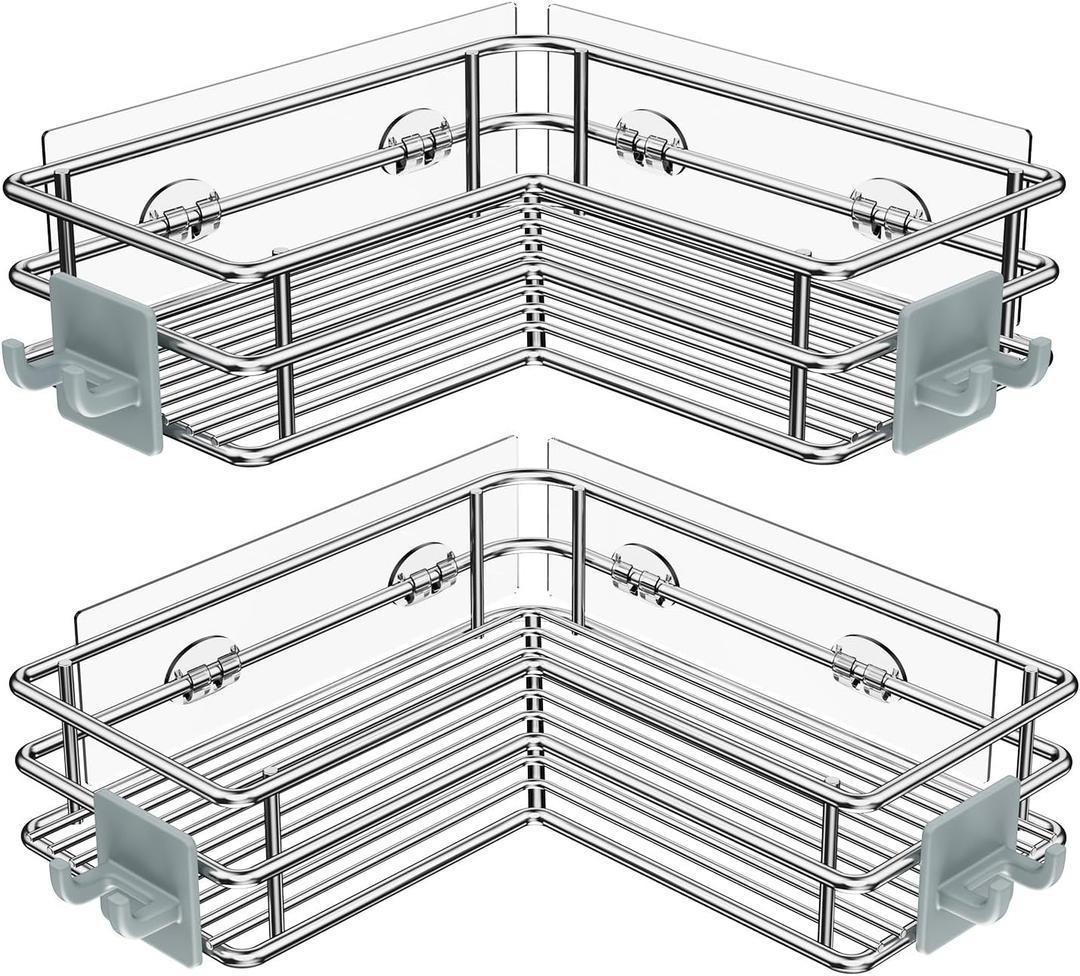 Nieifi Corner Shower Shelves Stainless Steel, Adhesive Shower Caddy Basket Rack with Hooks, Rust Proof for Bathroom Shelf Shampoo Holder (Silver, 2 Pack)