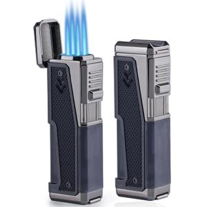 TOMOLO 2 Pack Torch Lighter Quadruple Jet Flame Windproof Refillable Butane Lighter with Hidden Punch, Butane Not Included (Black)