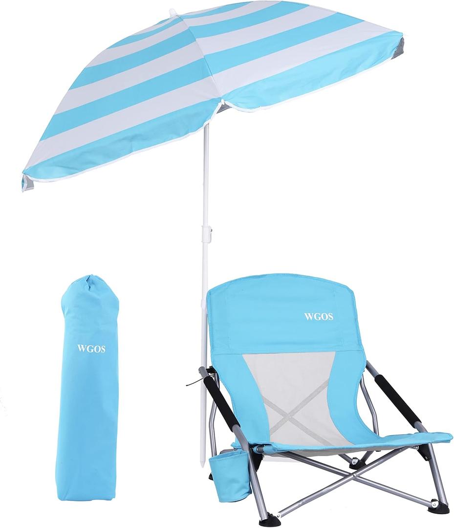 Beach Chair Low Beach Chairs for Adults Beach Chair with Folding Chair Detachable SPF 50+ Umbrella, Armrests, Cup Holder, Portable Sand Chair for Beach (1-Pack Blue)