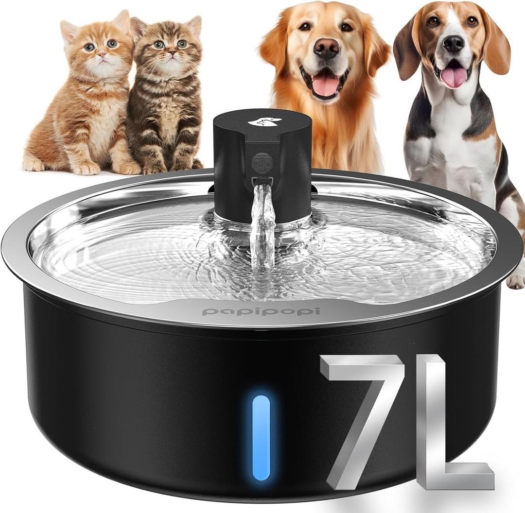 Dog Water Fountain, 7L/1.8G/236oz Stainless Steel Dog Water Fountain for Large Dogs, Dog Water Bowl Dispenser, Super Quiet Pump and Replacement Filters for Cats and Dogs (Black, 7L+8 Filters)