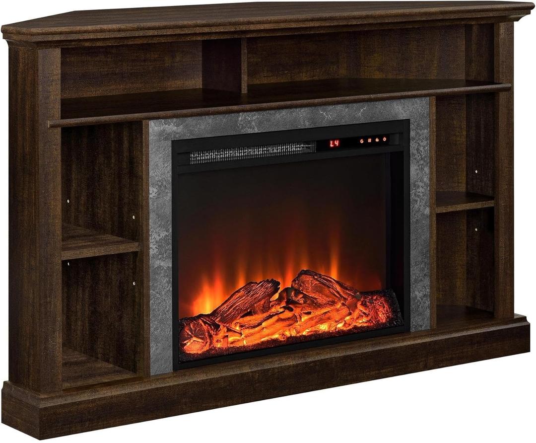 Ameriwood Home Overland Corner Fireplace TV Stand for TVs up to 50 Inch, Replaceable Electric Fireplace Insert Heater, Remote Control, Timer, Realistic Log and Flame Effect, Espresso