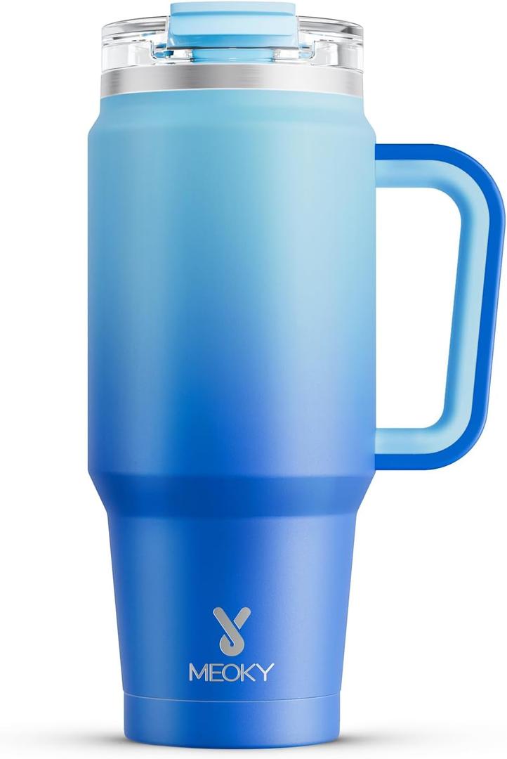 Meoky 32 oz Tumbler with Handle, Insulated Tumbler with Lid and Straw, Stainless Steel Travel Mug, Keeps Cold for 24 Hours, 100% Leak Proof, Fits in Car Cup Holder (Sky Blue)