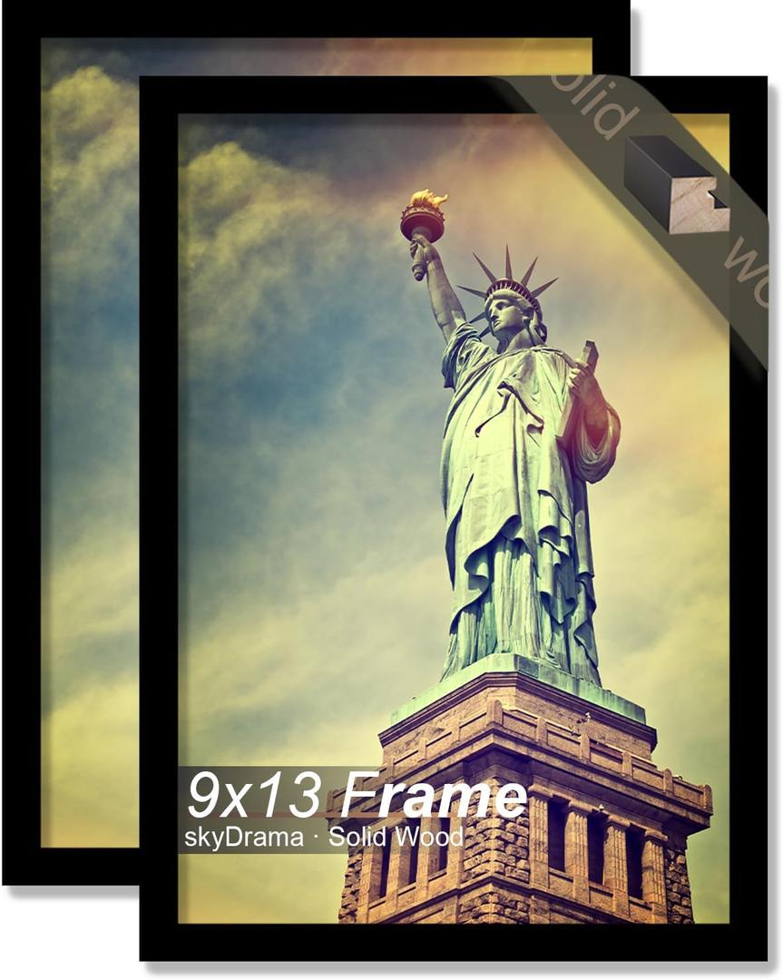 100% Solid Wood 9x13 Picture Frame Set of 2, Black Frame for 9 x 13 Inch Picture Poster Photo, Light Weight 9 by 13 HQ Matte Black Frame for Wall - 2 Pack/Black/9"x13"