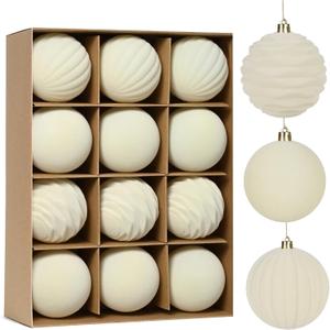 Waipfaru 12Pcs Velvet Ornaments for Christmas Tree, 3.15 Inch Beige Velvet Christmas Ornaments Balls Set, Cream White Shatterproof Flocked Hanging Ornaments for Xmas Tree Wreath Garland Home Decor