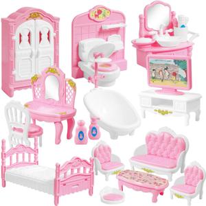 20 Pieces Doll House Furniture and Accessories Set Dollhouse Furniture Set Mini Dollhouse Furniture 1 12 Scale Bedroom Living Room Bathroom Furniture Accessories (Pink)