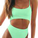 Meyeeka Womens Scoop Neck Cut Out Front Lace Up Back High Cut Monokini One Piece Swimsuit (Medium, Green1)