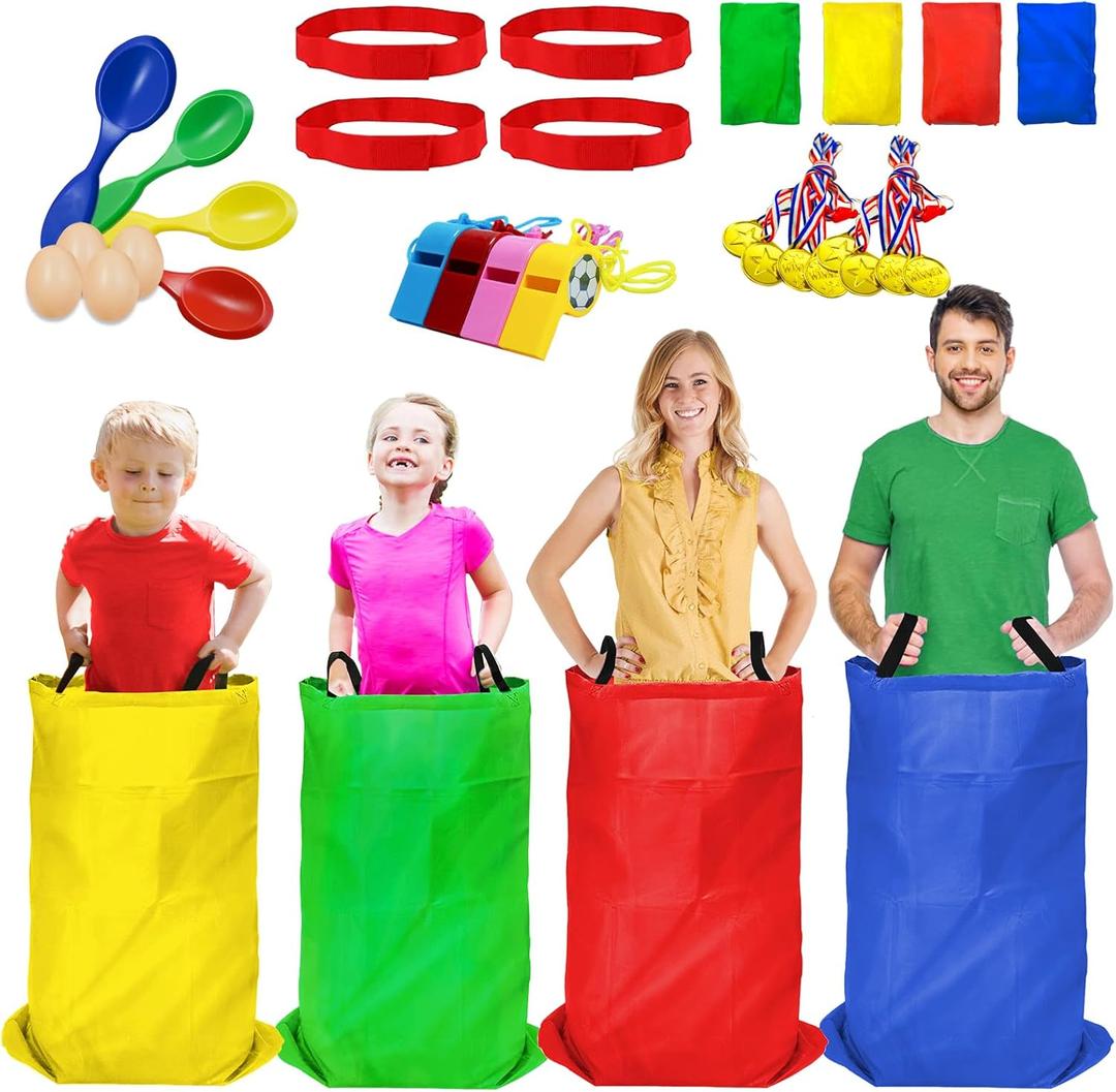 Potato Sack Race Bags - 32PCS Outdoor Games Sack Race Bags for Adults and Kids,3 Legged Race Bands,Egg Spoon Relay Race,Bean Bag Toss,Party Games for Kids,Field Day Games for Adults