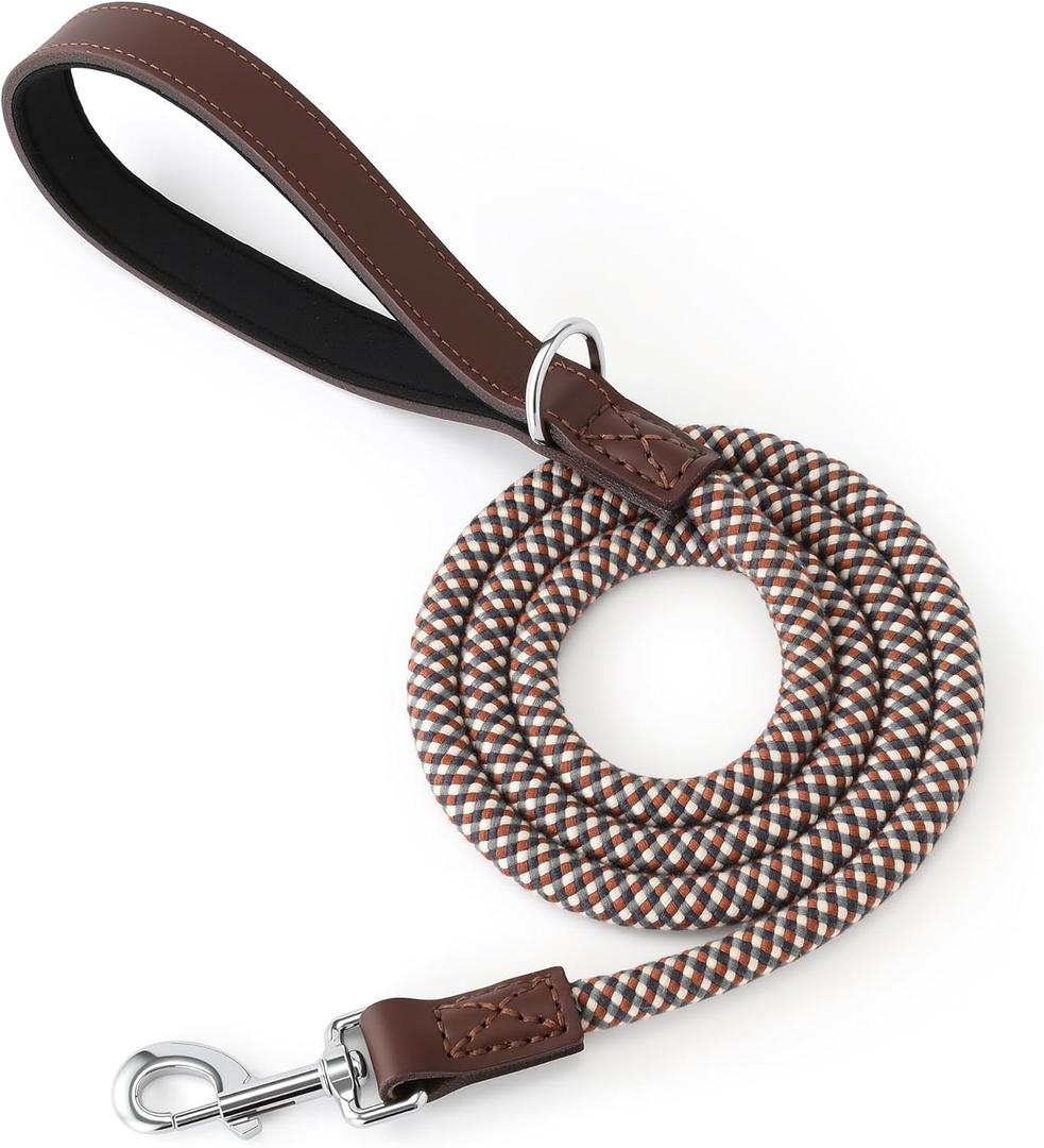 Mile High Life Leather Handle Dog Leash 6 FT/5 FT/4 FT, Soft Padded Handle Rope Leashes for Dogs Walking and Training (Brown Checkered, 48 Inch)