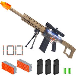 Realistic Toy for Nerf Guns Darts - Electric Sniper Rifle Automatic Foam Blaster with Scope 100 Soft Bullets 3 Magazine for Kid Boy Ages 6-12 Years Old, Indoor Outdoor Game for Adult Child Desert