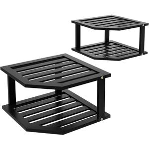 VERTORGAN Bamboo Corner Shelf(2 Pack),2 Tier Plate Organizer for Cabinet and Countertop,Pantry Dish and Spice Rack for Kitchen(Black)