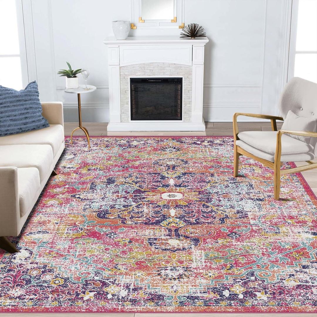 Washable Rugs 9x12 Area Rugs for Living Room,Rugs for Bedroom, Large Carpets,Ultra Soft Faux Wool Retro Dining Room Rug,Non Slip&Non-Shedding Low Pile Vintage Print Rug Indoor for Home Office