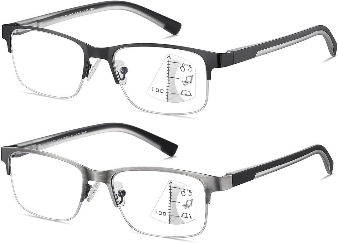 Men Progressive Multifocus Reading Glasses No-Line Bifocal Transition Blue Light Computer Multifocal Readers (Half Magnification Strength Top Multifocal(black/Brush Gun))