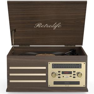 Vinyl Record Player 10-in-1 Music Center Turntable Built-in Speakers Support 3 Speed BT Wireless Input/ Output AM/FM Radio CD Cassette Tape Player Aux RCA Auto Stop Vinyl Recording to USB/TF Card Brown