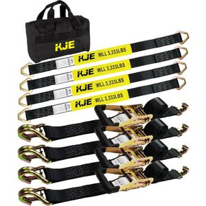 KJE Heavy Duty Car Trailer Tie Down Straps 4 Pack Kit - 2" x 8' Ratchet Straps + J-Hooks with Clip, 2" x 36'' Axle Straps - 10,000lbs Break Strength - Use for Car, Truck, UTV Transport