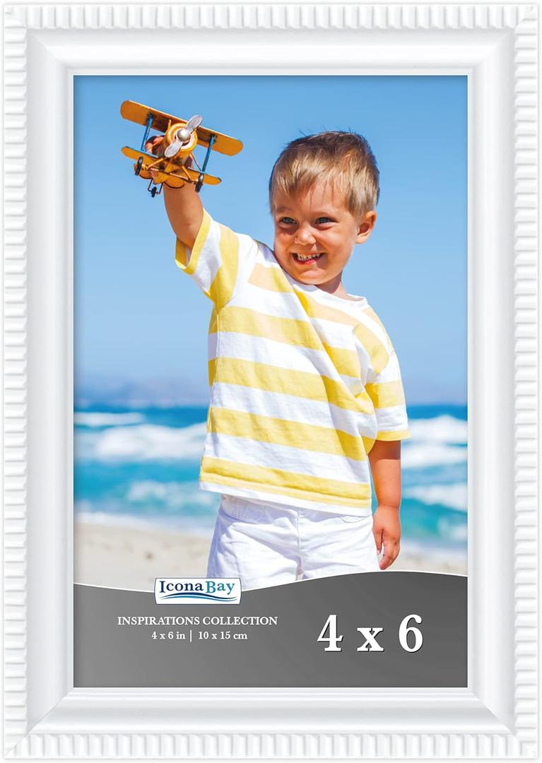 Icona Bay 4x6 White Picture Frame Beautifully Detailed Molding, Contemporary Picture Frame Set, Wall Mount or Table Top, Inspirations Collection