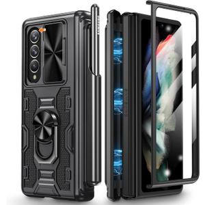 Caka for Z Fold 3 Case, Galaxy Z Fold 3 Case with Pen Holder & Hinge Protection, Camera Cover & Kickstand with Built-in 360Rotate Ring Stand Magnetic Protective Case for Samsung Galaxy Z Fold 3-Black