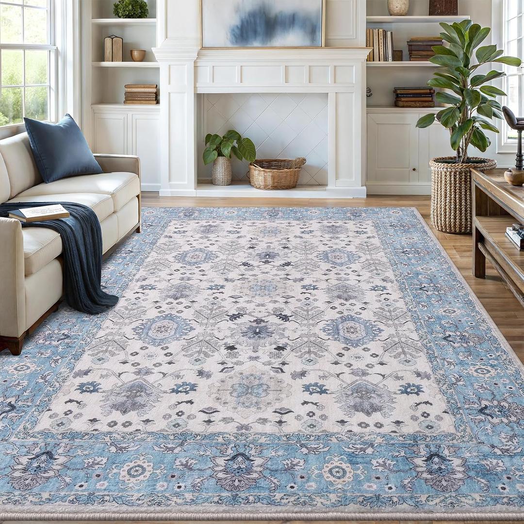 8x10 Area Rugs for Living Room, Bedroom - Machine Washable, Non-Slip Bedside Rug, Large Soft Floor Carpet for Office, Dining Room, Farmhouse and Home Decor, Cozy Elegance/Blue