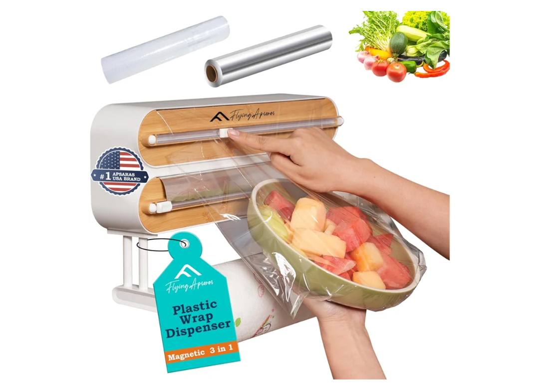 APSARAS USA Magnetic Plastic Wrap Dispenser with Cutter, 3 in 1 Aluminum Foil wrap Organizer, Practical Refillable Cling Wrap Film Cutter, Wall Mount Kitchen Wrap Dispenser, Include 2 * 12" Rolls