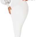 Ekaliy Women's See Through Bodycon Dress Sheer Mesh Long Puff Lantern Sleeve Dress Sexy Club Party Midi Dress Clubwear (3X-Large, White)