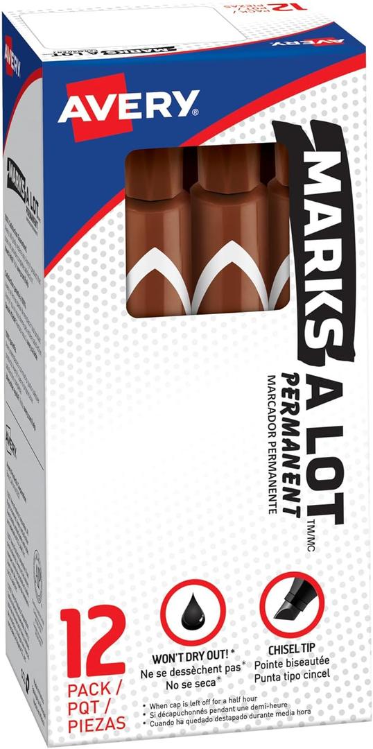 Avery Marks-A-Lot Permanent Markers, Large Desk-Style Size, Chisel Tip, Water and Wear Resistant, 12 Brown Markers (08881)