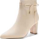 Coutgo Womens Pointed Toe Ankle Boots Chunky Block Heel Tie Knot Side Zipper Dressy Booties (9, Beige)