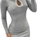 Women's Long Sleeve Mini Dress Rhinestone Rib Knit Bodycon Keyhole Neck Ruched Slim Fit Short Party Dress (Gray, M)