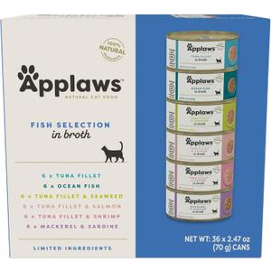 Applaws Natural Wet Canned Cat Food, Limited and Natural Ingreidents, High Protein with No Artificial Additives, Fish Selection in Broth (36 x 2.47oz Cans) (EXP 07/12/28)