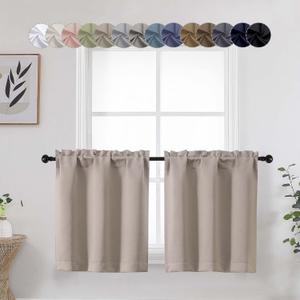 Stone Cafe Curtains 24 Inch Length Tier 2 Panels Set, Soft Solid Thermal Insulated Blackout Kitchen Half Curtains for Windows for Bathroom Basement, Stone, 2PCS Each 30" Wx24 L